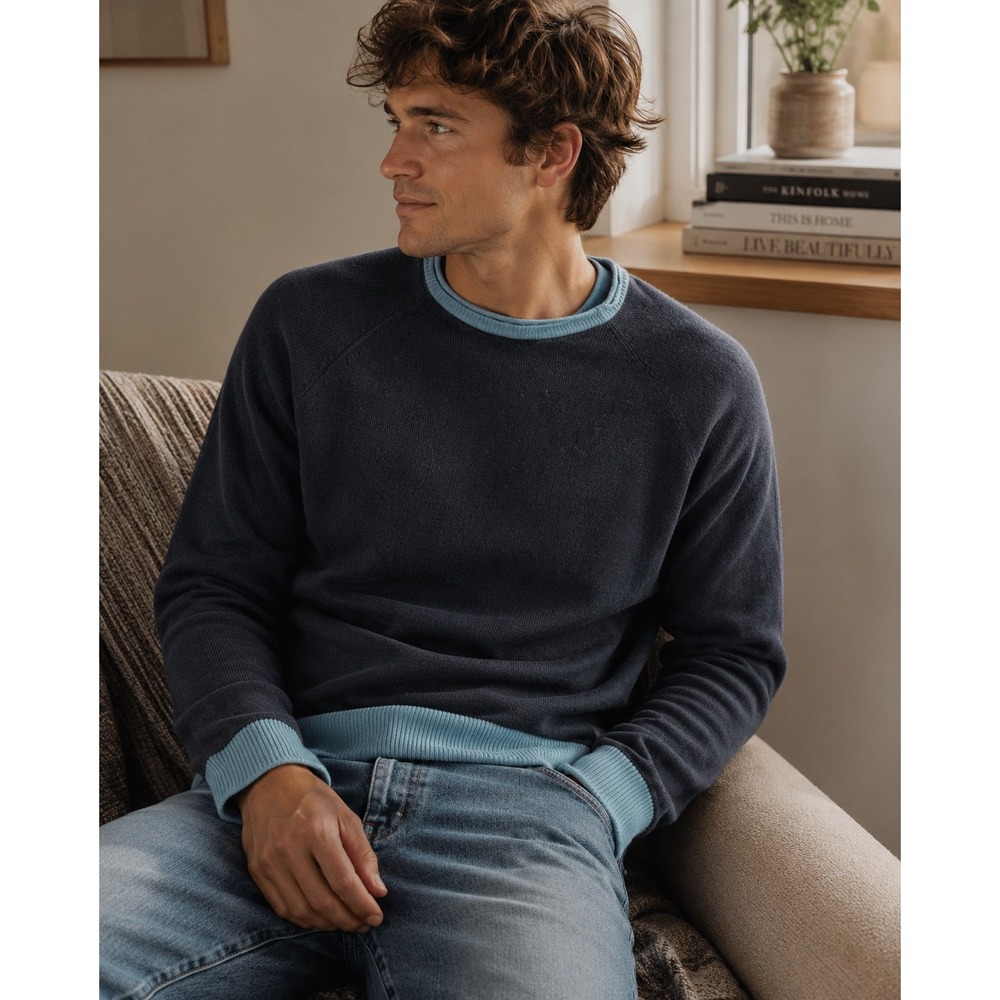 Armani Exchange Men's Dark and Light Blue Cotton Cashmere Blend Crewneck Sweater